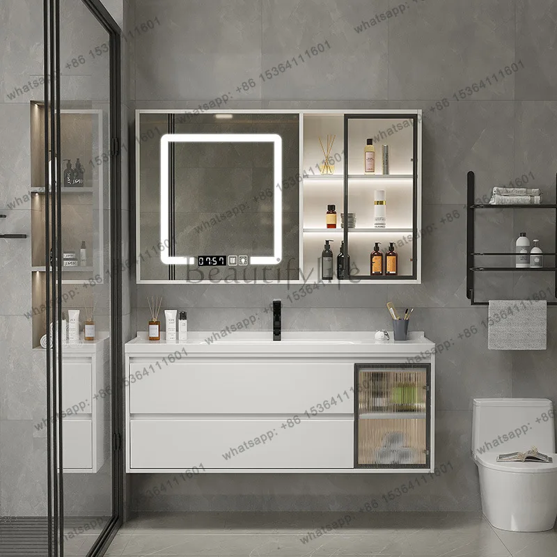 LDSimple Vanity Bathroom Sink Cabinet with Mirror Ceramic Integrated Basin Bathroom Shelves File Space Saver Archivadore
