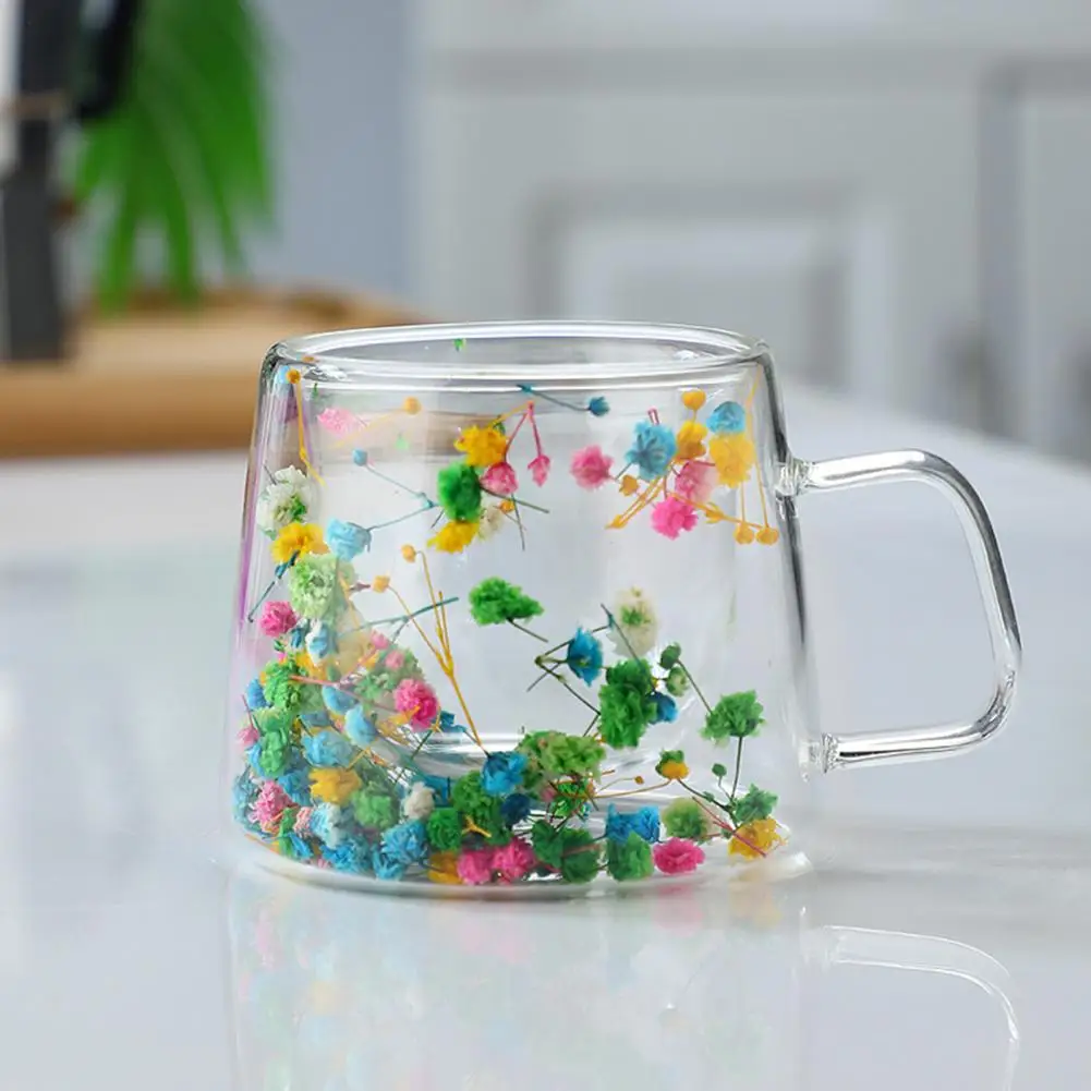 Glass Mug with Real Flowers Elegant Floral Design Glass Cups for Tea Coffee Gatherings Double Walled Heat Resistant for Sipping