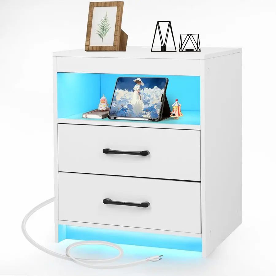 

Stand with Charging Station and Ambient Light, LED Nightstand with USBC Ports and Outlets, Morden Bedside Table with 2 Drawers a