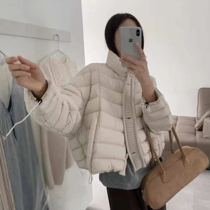 Winter Stand Collar Knitted Splicing Down Jacket Female Single Breasted Drawstring Jackets Women White Duck Down Parker Outwears