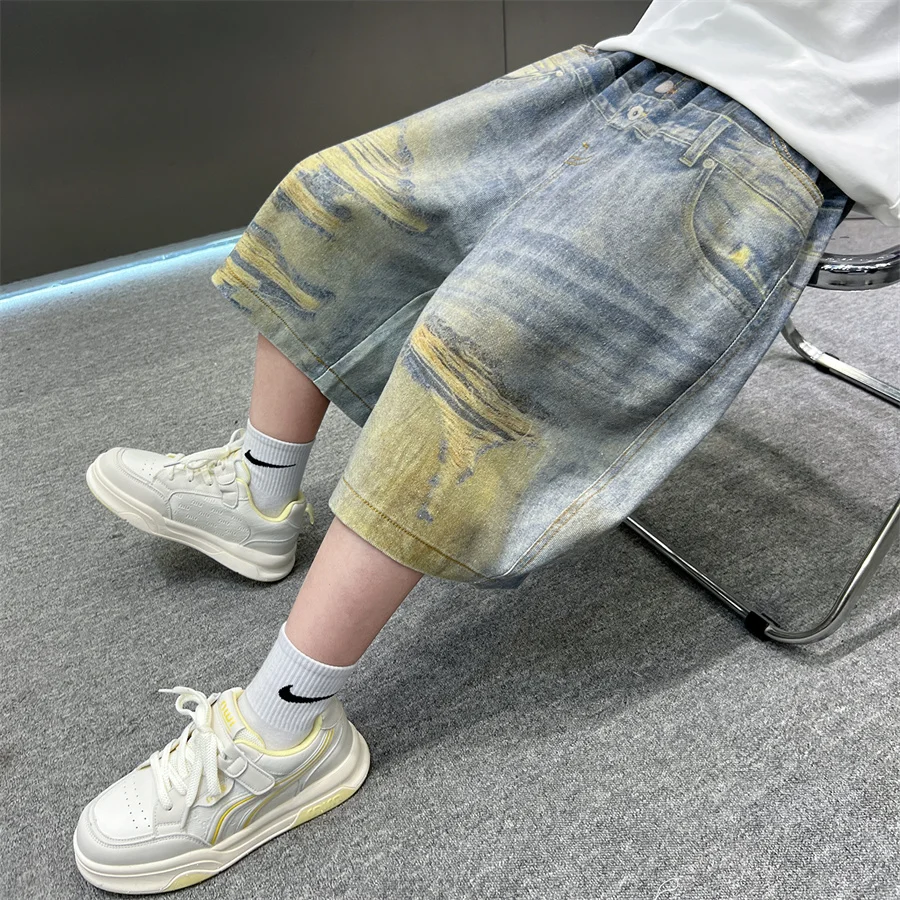 Korean New Kids Designer Summer Denim Shorts For Boys Stylish Jeans Children Loose Casual Capris Pants Luxury Clothing Age 5-14Y