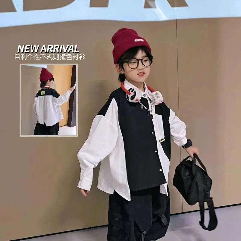 Nero bianco Patchwork Cool Shirt bambini ragazzi vestiti sciolti sfilata di moda Streetwear autunno primavera bambini top camicie adolescenti