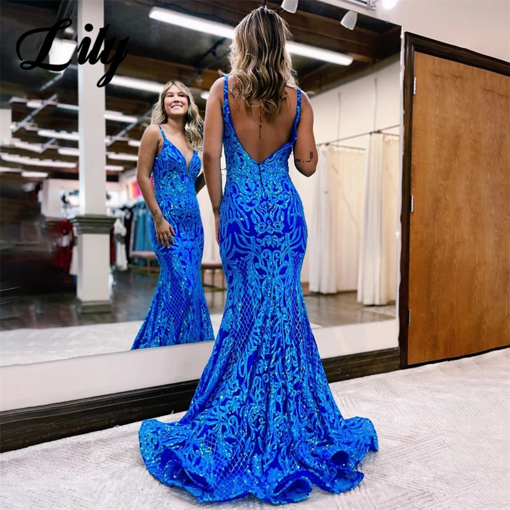 Lily Blue Chic Woman Evening Dress Gown Mermaid Sexy Spaghetti Strap Prom Dress Pleats V-Neck Night Dresses Gown robes de soirée