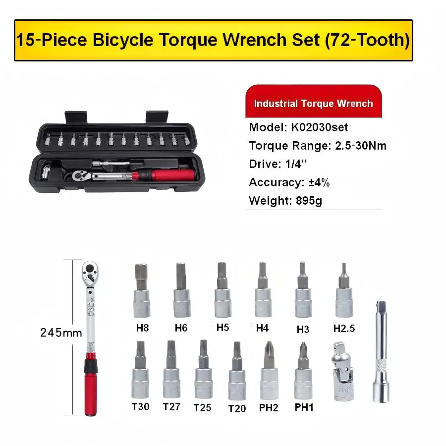 KOOLIWEI 15Pcs Bicycle Torque Wrench Set 2.5‑30Nm 1/4
