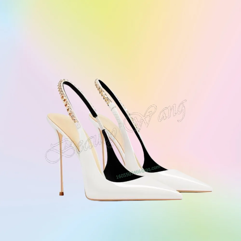 White Back Metal Decor Pumps Cut Heel Stilettos Heels Pointed Toe High Shoes for Women Wedding Shoes 2025 Zapatillas Mujer
