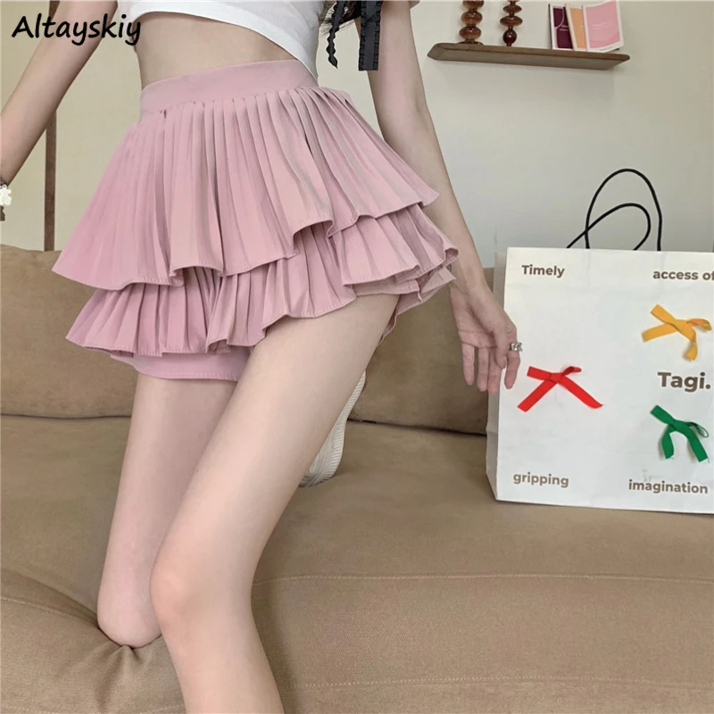 High Waist Skirts Women A-line Solid Pleated Minimalist Girlish Tender Design All-match Streetwear Summer Temper Korean Style