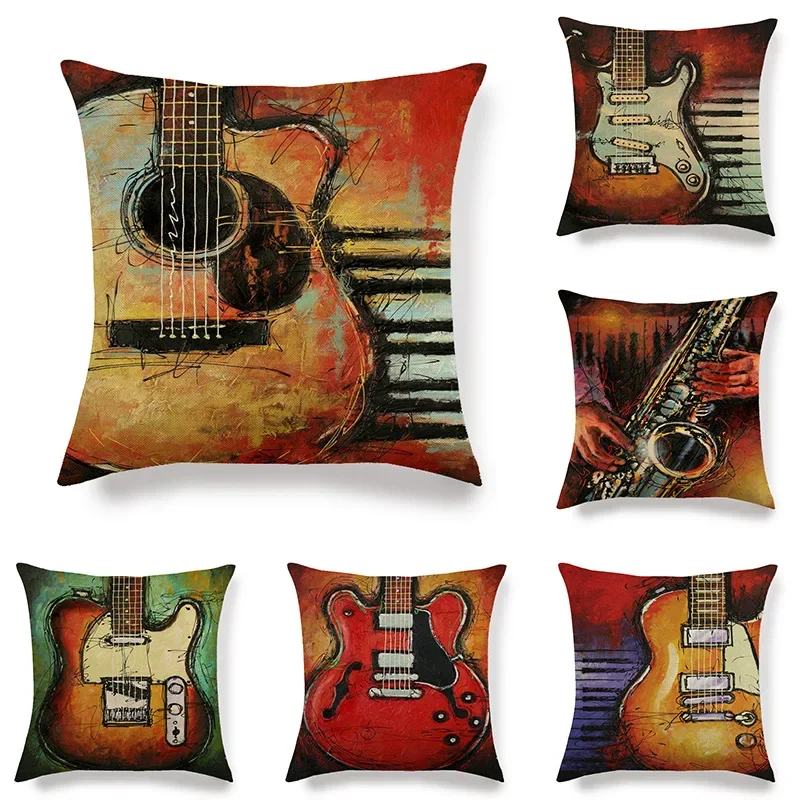 

Daily living room sofa cushion decoration oil painting guitar home soft decorative pillow case linen pillow case throw pillows