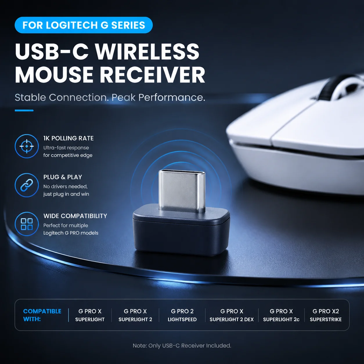 USB-C Receiver For Logitech G PRO X SUPERLIGHT/SUPERLIGHT 2/G PRO 2 LIGHTSPEED - Mouse Type-C Dongle, Siginal Receiving Adapter