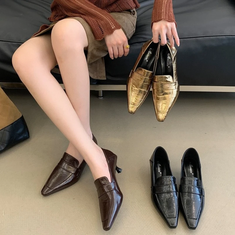 Vintage Gold Kitten-Heel Women's Pumps Sexy Pointed-Toe Shallow Designer Shoes Street-Style Comfort Women's Shoes Zapatos Mujer view 6