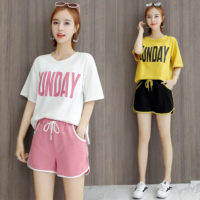 

Girls Casual Pajama Set Korea Style Fashion SUNDAY Print Top Panty Sport Sweet Short Sleeve Women's T-shirt & Drawstring Shorts