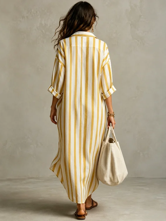 Damen Langes Gestreiftes Hemdkleid V-Ausschnitt Locker Lässig Sommer Urlaub Mode Europäischer und Amerikanischer Grenzüberschreitender Stil – Detail 15