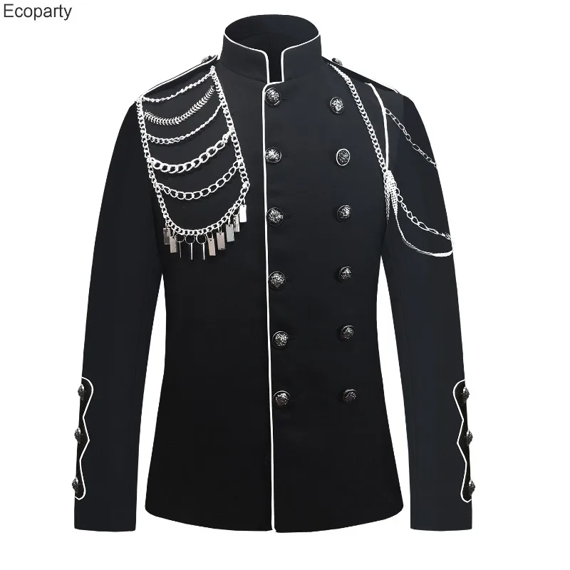 

New Men's Fashion Military Gothic Punk Jacket Steampunk Metal Chains Double Breasted Stand Collar Coat Singer Show Prom Costume