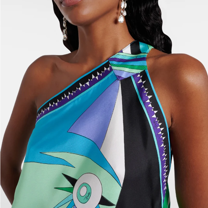 ฤดูร้อนสบายๆ Holiday Beach Dress ผู้หญิงฤดูใบไม้ผลิรูปแบบพิมพ์ซาตินชุดวินเทจเซ็กซี่ไหล่เอียง Hollow ชุดไม่สม่ําเสมอ