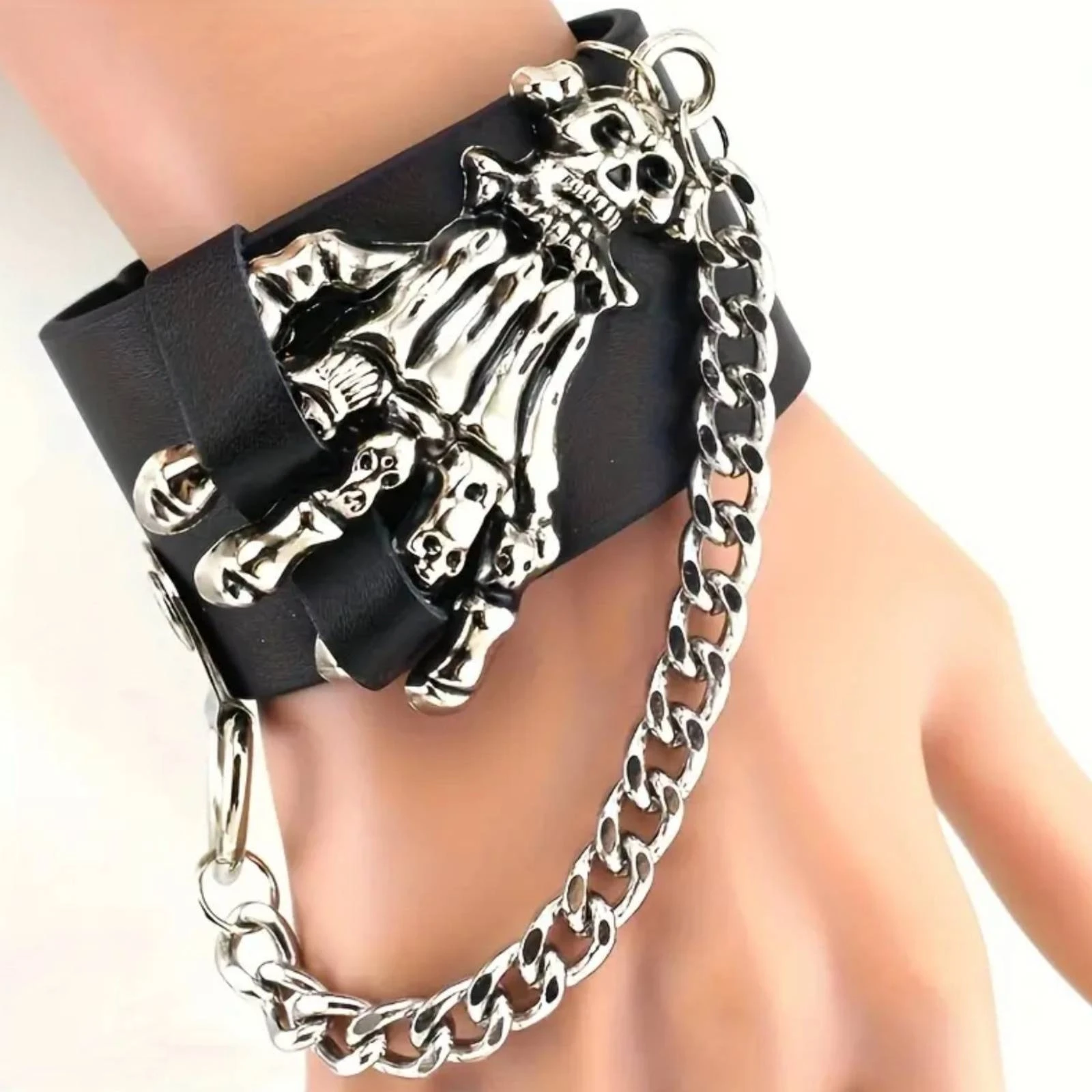 Skull Wrist Cuff with Chain Bold Skeletal-Hand Wrist Cuff with Snap Fasteners Adjustable for Motorcycle Riders, Themed Events
