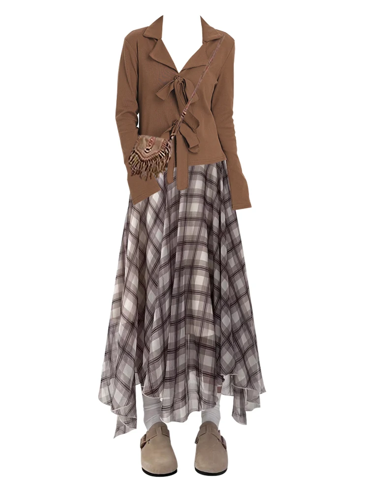 Trendy Skewered Plaid  Skirt Women's High Waist Midi Dring irt Set Autumn 2025 American Sle Long Sve Cardigan