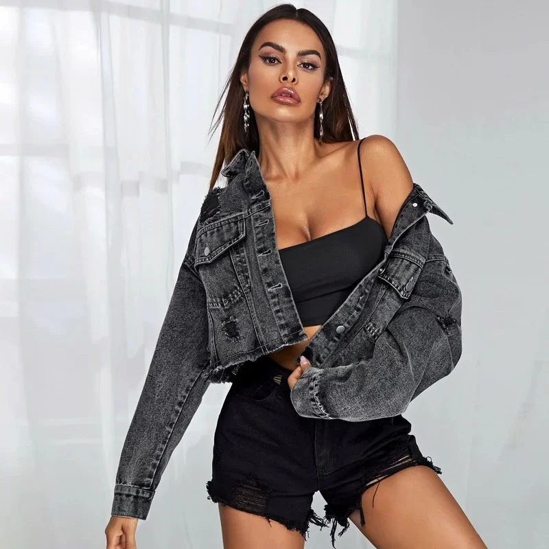 2023 Herbst neue lang ärmel ige trend ige Mode Grat Loch lässig einfache Revers Oberbekleidung Denim kurze Jacke Damen Jeans jacke