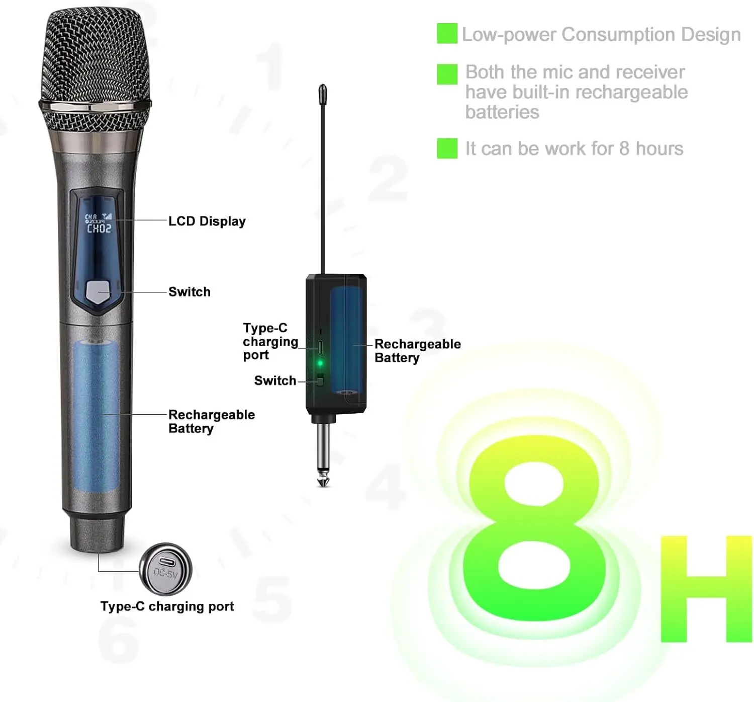 Conjunto de sistema de microfone sem fio Pro UHF duplo portátil recarregável presente de karaokê