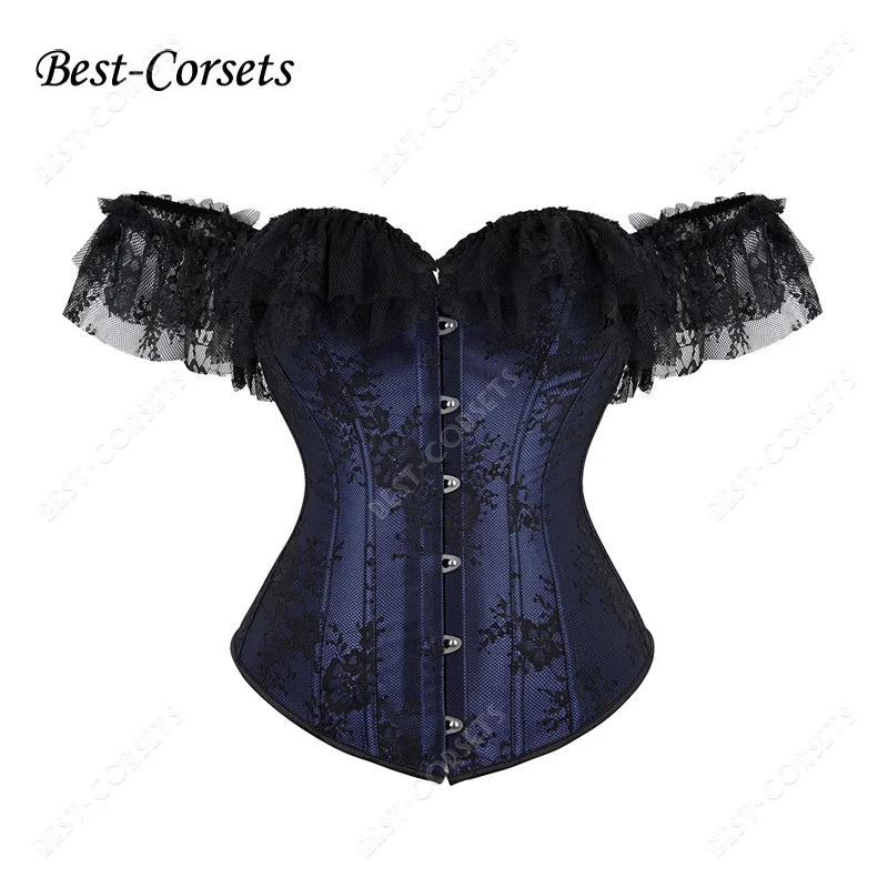 Corset Top for Women Off Shoulder Steampunk Bodices and Corsets Red Sexy Bustier Lace Short Sleeves Jacquard Women\'s Corselet