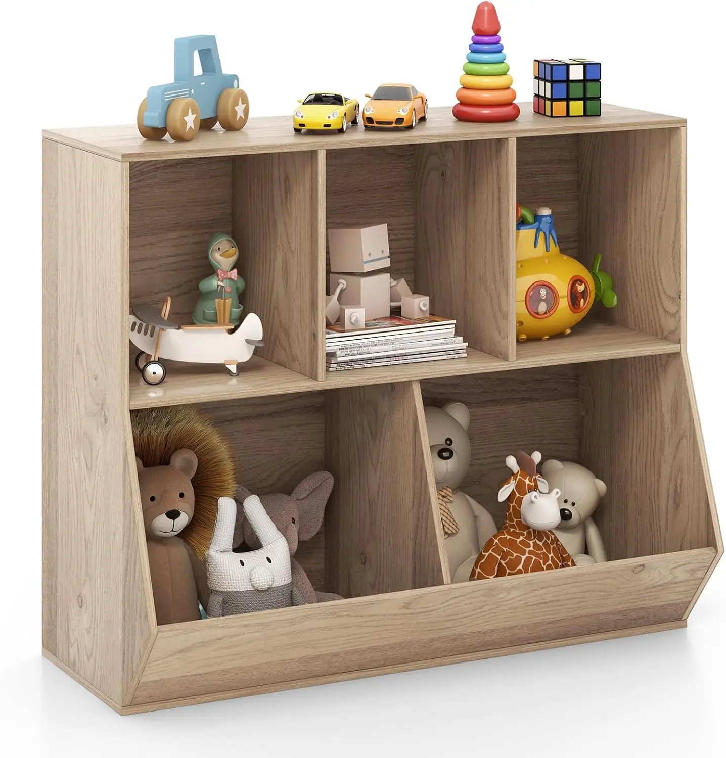 

Toy Storage Organizer with Bookcase, 5-Cubby Children Bookshelf Toy Storage Cabinet, Open Kids Toy Storage Shelf Book Display