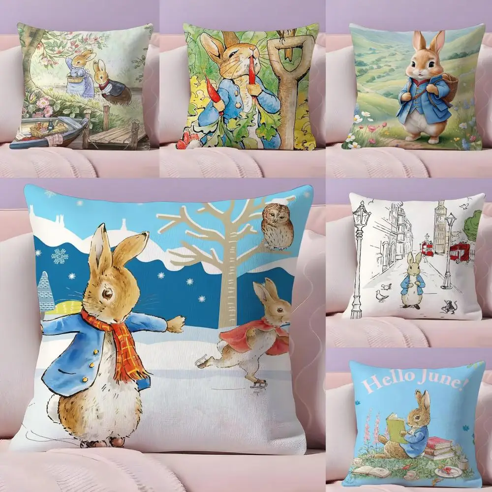 Cute P-Peter Rabbits Cushion Cover Plush Fabric Soft Double-Sided Printed Sofa Warm Winter Home Gift Pillow Cover