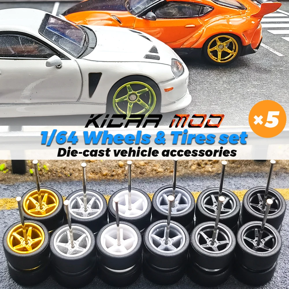 1/64 Wheels with Detachable Slicks Rubber Tires Pentagram Spoke for Toy Model Diecast Cars Refiting Parts for MINIGT (5 Cars)