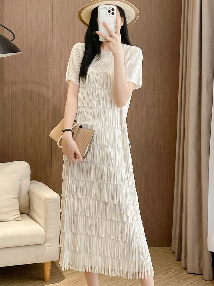 

Elegant Simple Style Silk Straight Tube Dress with Tassel And Pleated Design for Women Summer Fashion Outerwear Dress