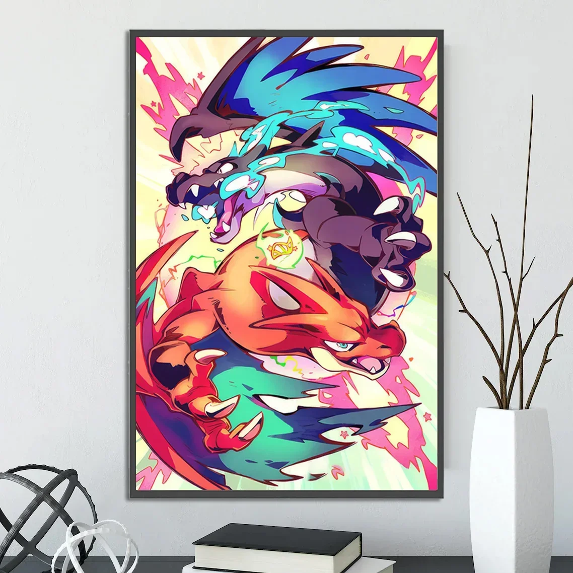 Pokemon Japanese Anime Self-adhesive Charizard Poster Peripheral Modern Room Decoration Computer Wall Wallpaper Kid Gift