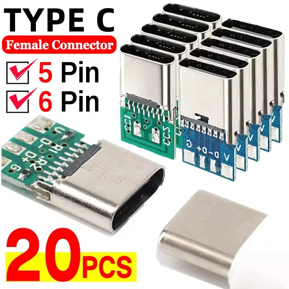 20-1pcs Conectores Fêmea Tipo C de 5/6 Pinos, Terminais Elétricos USB para Soldagem DIY, Suporte para Cabo de Dados, Reparo de Equipamentos de Placa PCB