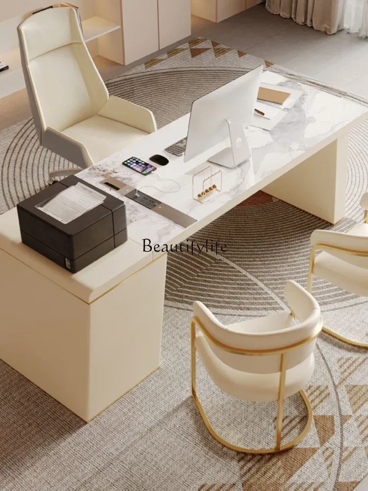 09z.Cream wind solid wood rock slab desk multi-functional modern simple home