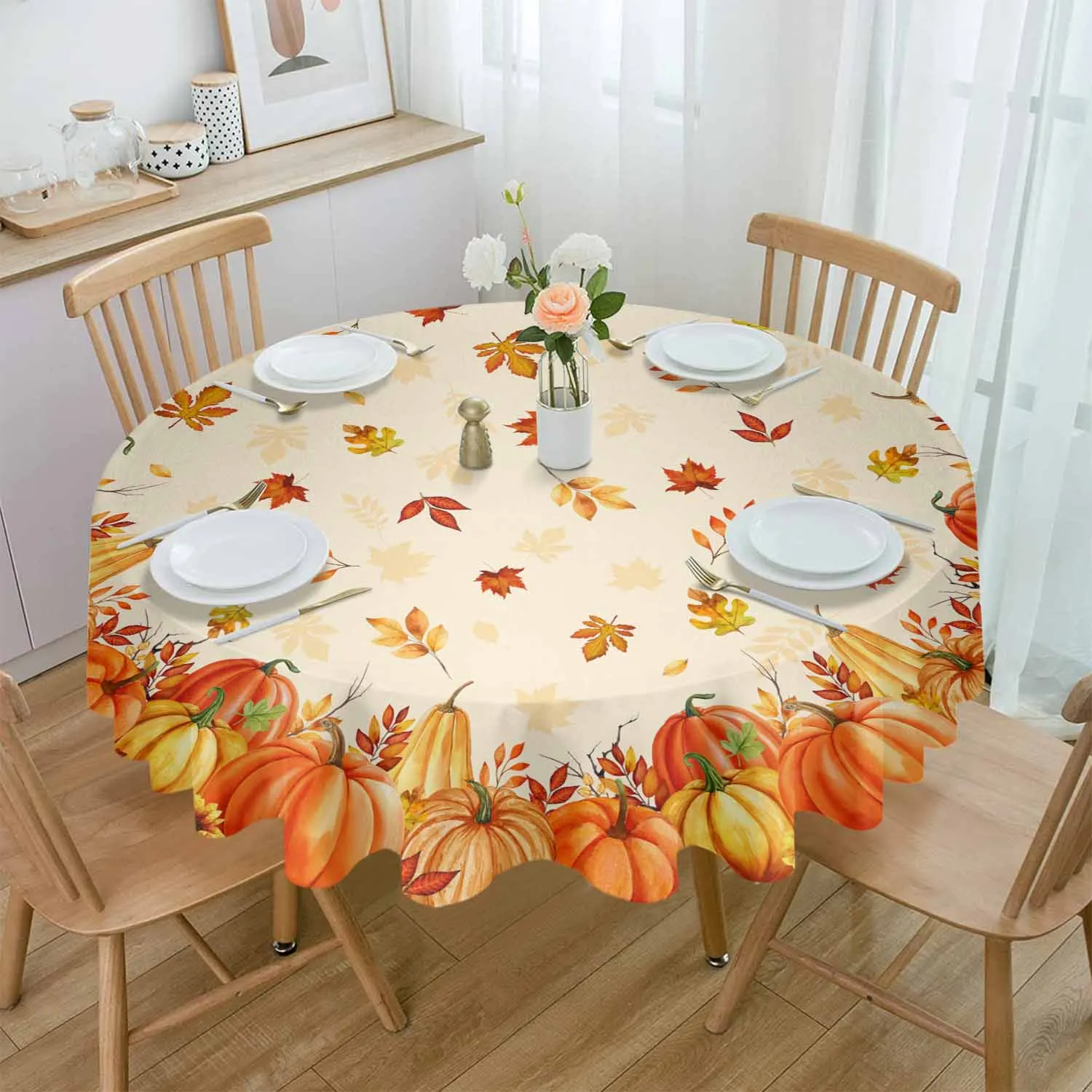 

Fall Thanksgiving Pumpkin Round Table Cloth Festival Dining Tablecloth Waterproof Table Cover for Wedding Party Decor