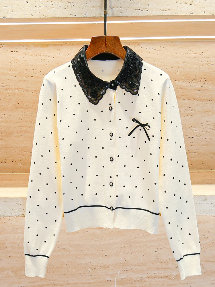 

Sweet Polka Dot Knitted Open Cardigan Top High End European Sle Women's Faion Autumn Winter Button Detail Regular Fit