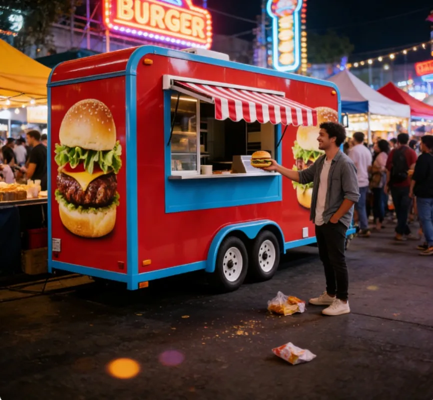 Camión de Comida Rápida Móvil Comercial de Acero Inoxidable, Carrito de Catering con Shawarma, Café, Pizza, Hotdog, Dulces y Papas Fritas en Venta