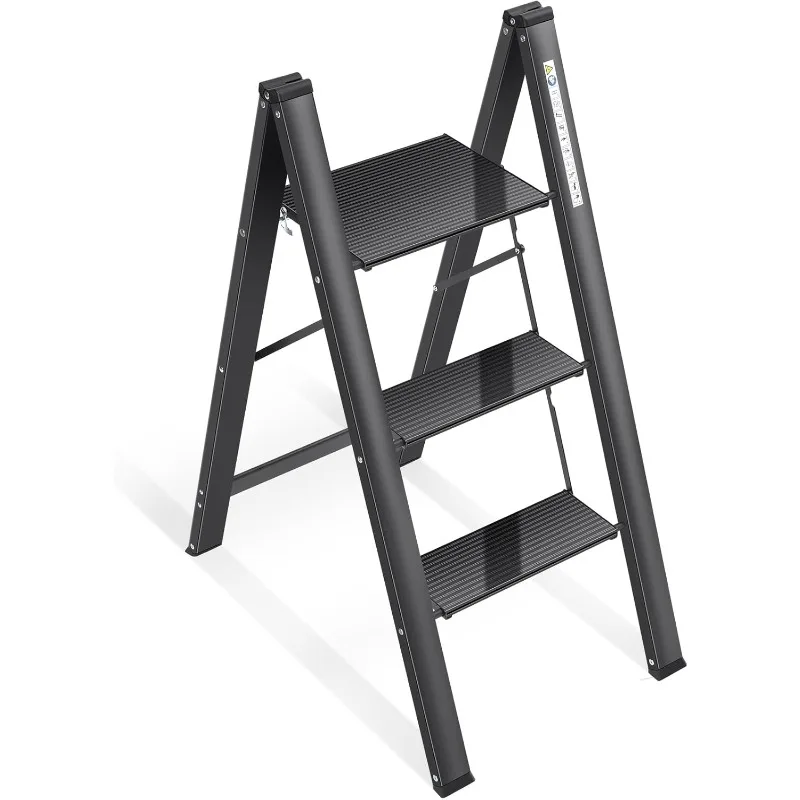 

Aluminium 3 Step Ladder with Wide Steps, Lightweight Folding Ladder, Portable Slim Step Stool