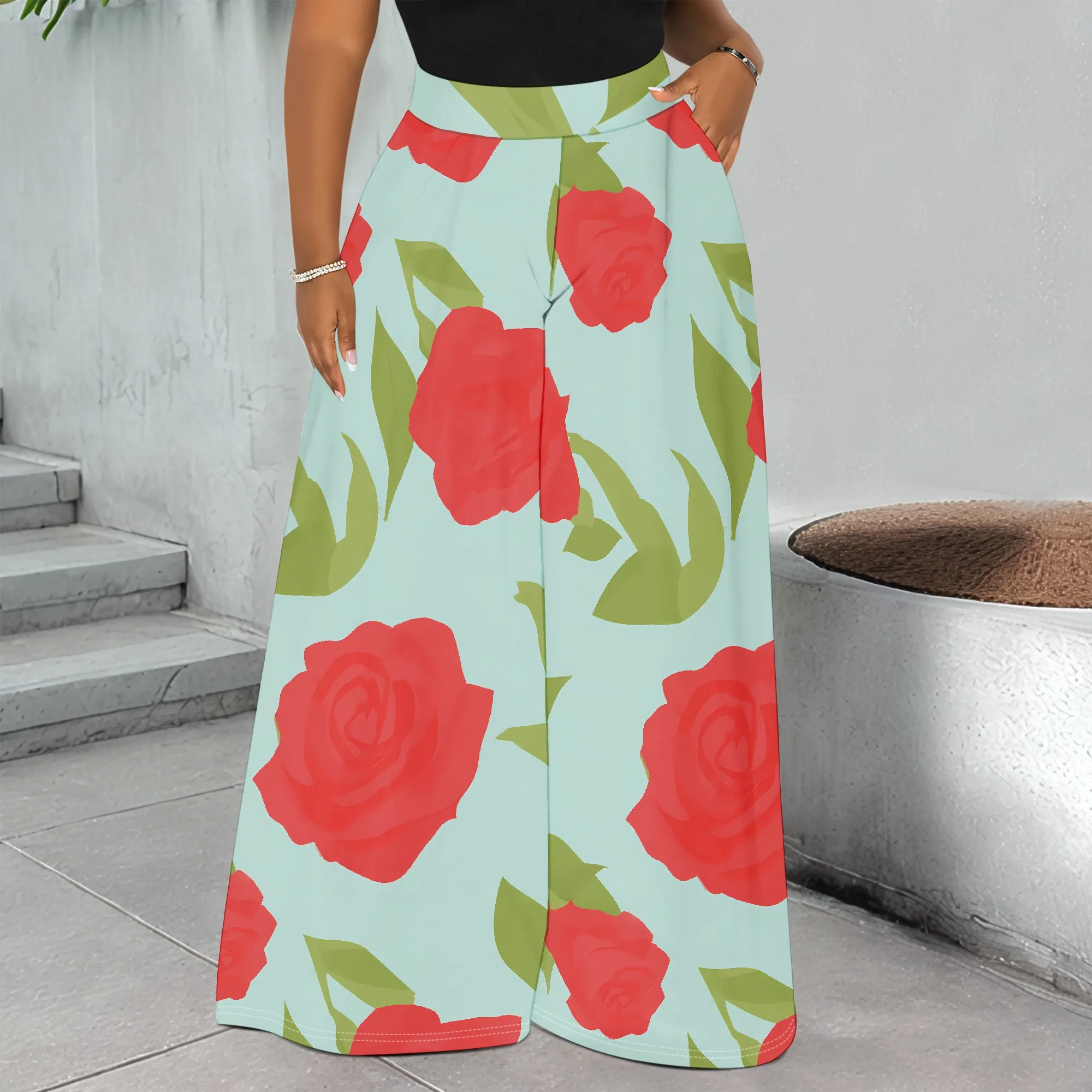 

Floral Print Wide Leg Pants, Rose Pattern Trousers, Casual High Waist Palazzo, Women's Summer Beach Wear, S-2XL