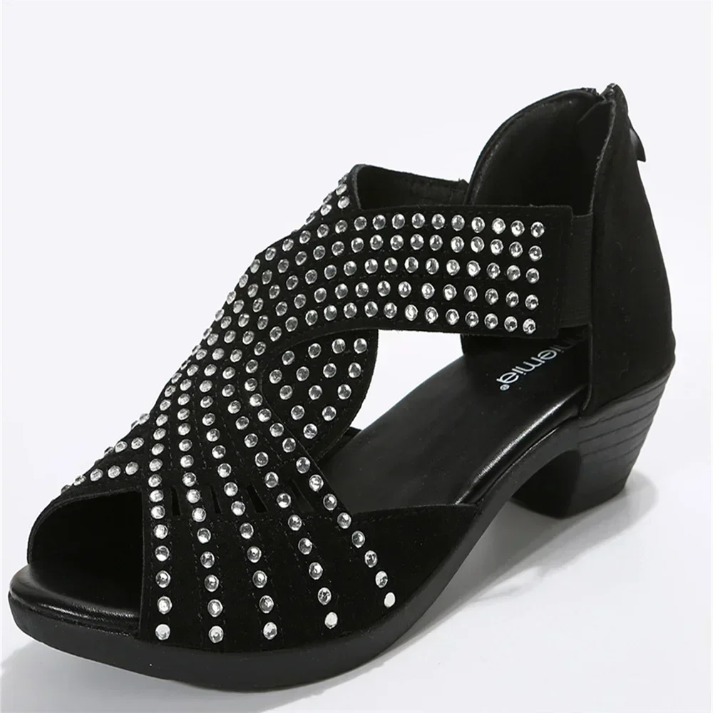 2023 New Style Women Summer Hollow Out Faux Leather Rhinestones Thick Heel Zipper Sandals Shoes