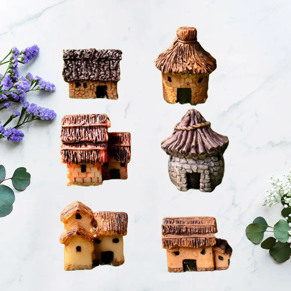 6Pcs Pastoral Style Mini Thatched House Resin Crafts Micro Landscape Small Ornaments Desktop Decoration Garden Plant Accessories