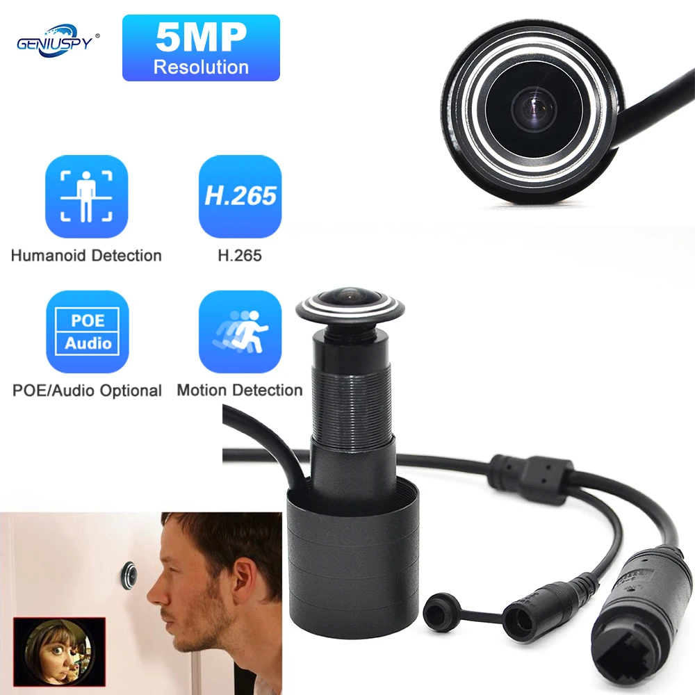 Caméra IP de porte POE HD avec microphone audio P2P, mini judas, résistant à 1.66, grand angle, réseau de vidéosurveillance, trou pour les yeux de porte, 5MP, 1.78mm, 180mm