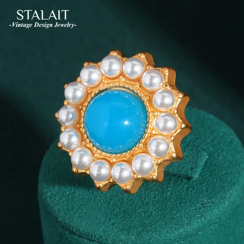

Vintage Luxury Pearl Rings For Woman Blue Natural Stone Fashion Jewelry Sunflower Decoration Antique Party Designer Accessories