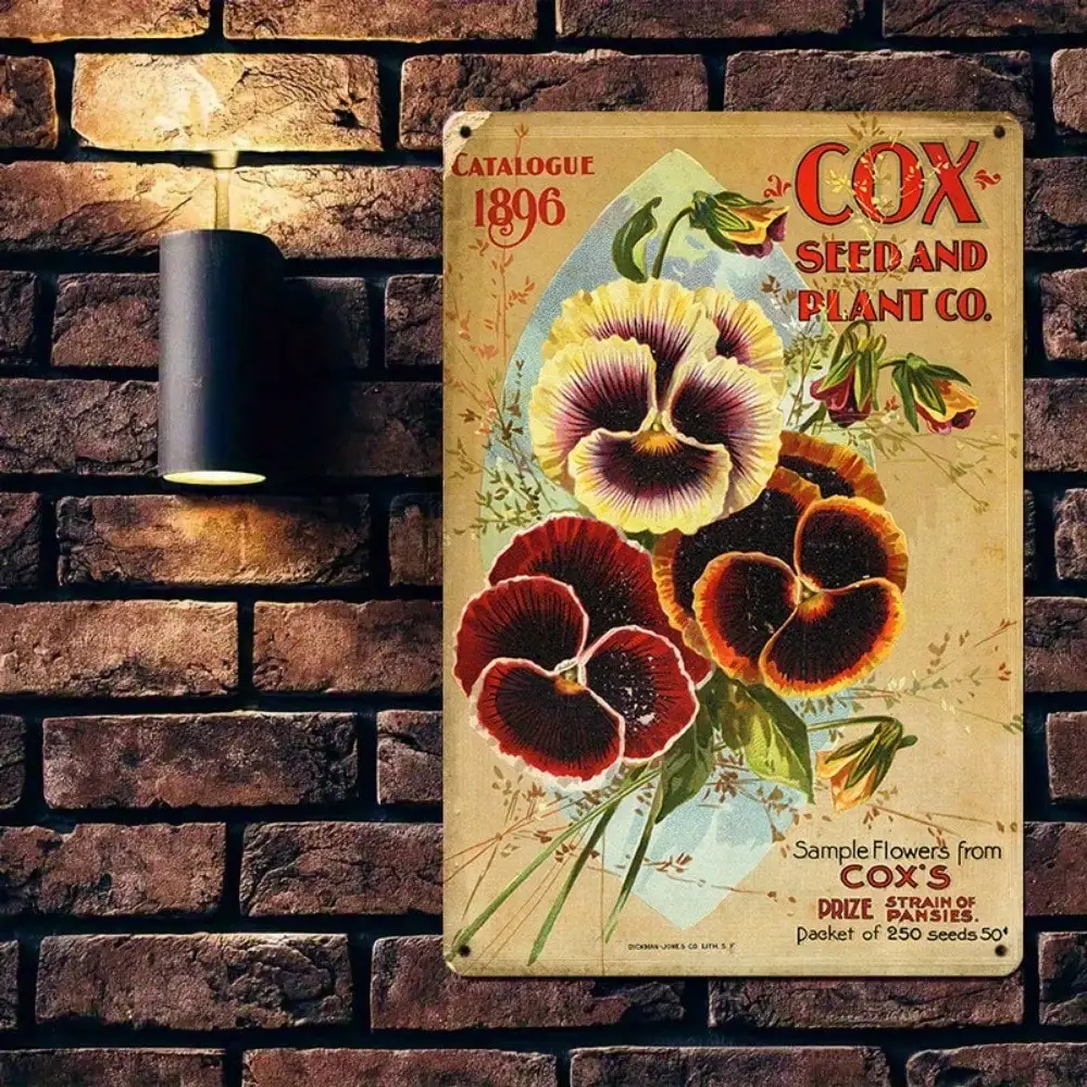 Letrero de hojalata con catálogo de semillas de moneda vintage, arte botánico floral de pensamiento para decoración de pared retro y jardín (8x12 pulgadas)