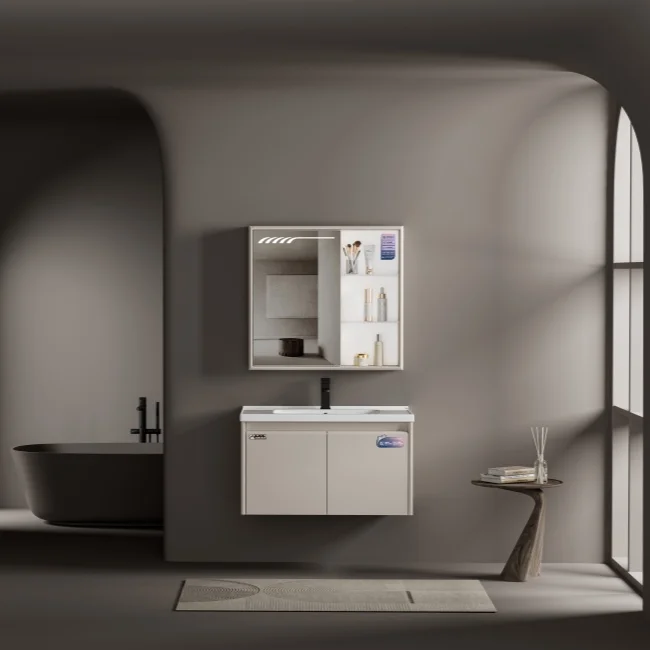 Modern Hote Moisture-Proof Design Bath Ceramic Wall Mounted Washbasin 80cm Vanity Cabinet Set With Light Bathroom Vanities
