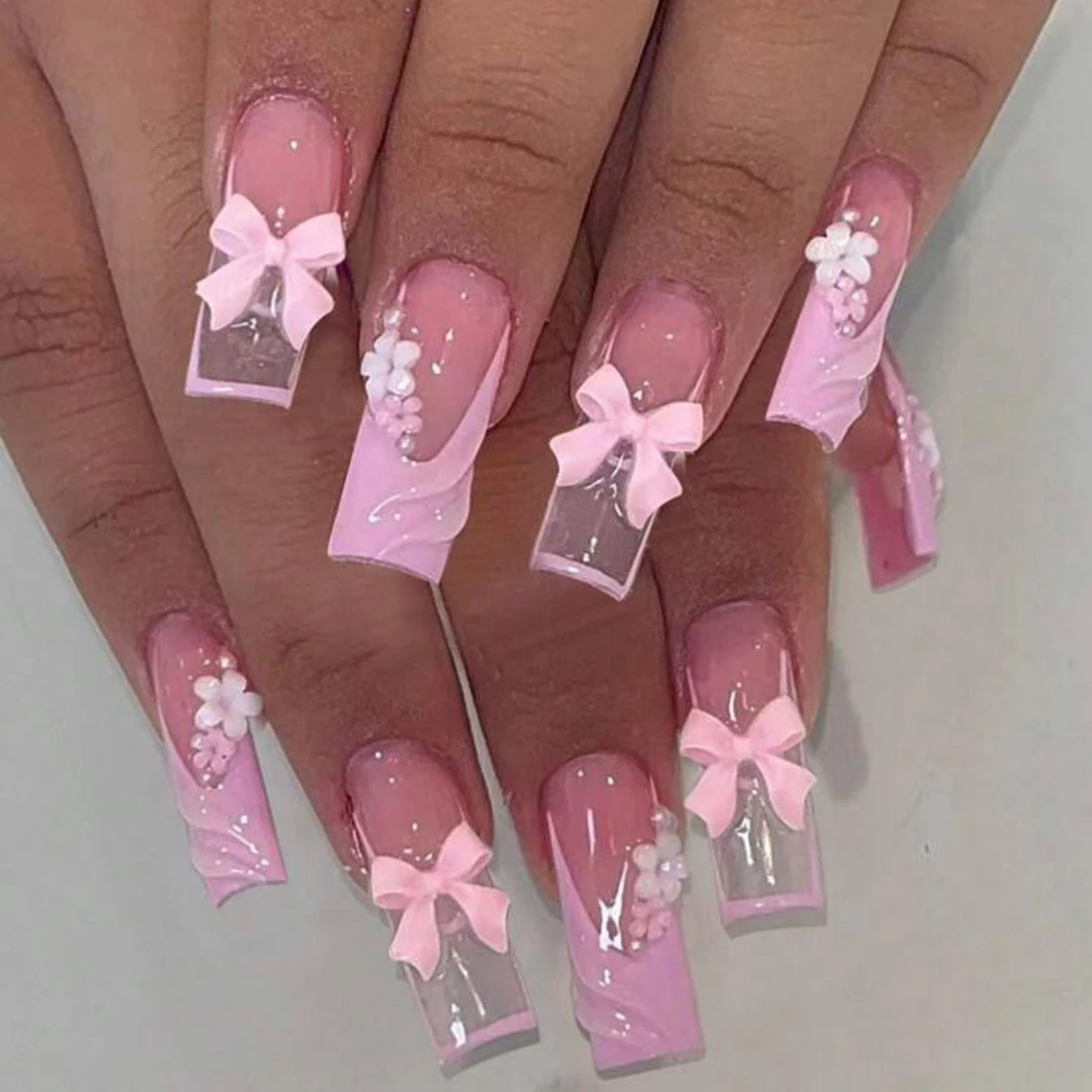 

24PCS Pressing Style Rectangular Fake Nail With 3d Bow And Flower Design French Fake Nail Pink Glossy Nail Fully Covered Nail