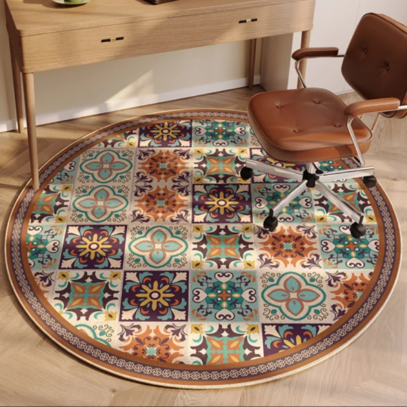 Round Bohemian - Style Rug with Colorful Tile - like Patterns, Perfect for Office or Home Decor