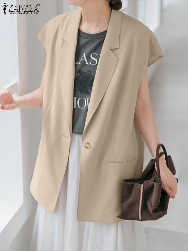

ZANZEA 2022, осенние жилеты, женская элегантная верхняя одежда без рукавов, модные костюмы с воротником с лацканами, повседневные свободные однотонные тонкие пальто