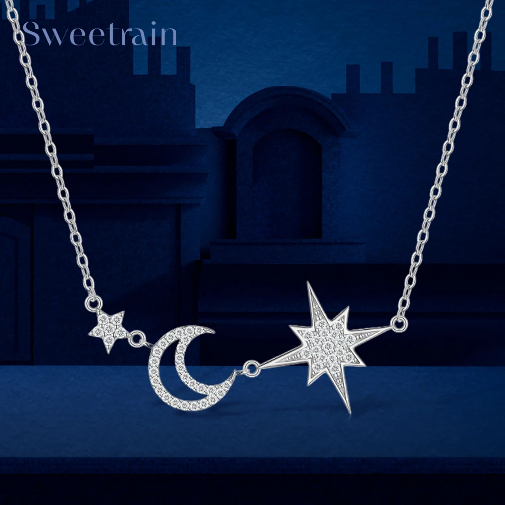 

Sweetrain Full Moissanite Necklace for Women 925 Sterling Silver Star&Moon Pendant 18k white Plated Female Necklace Wholesale