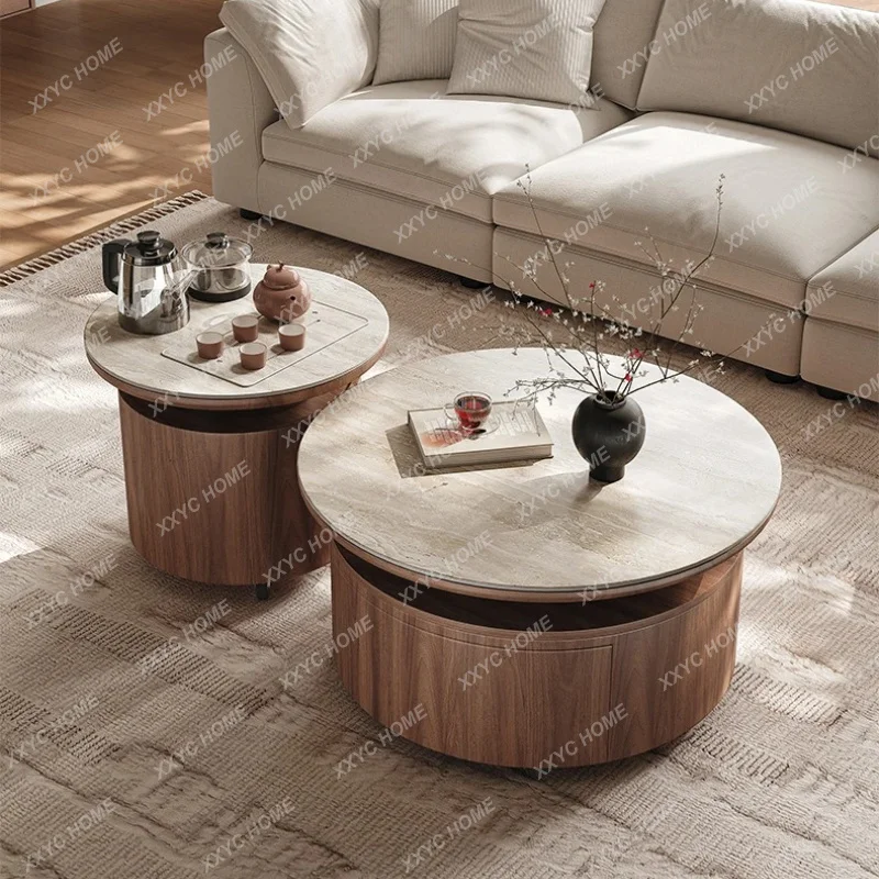 Small apartment light luxury, movable with tea making integrated rock slab round combination edge few