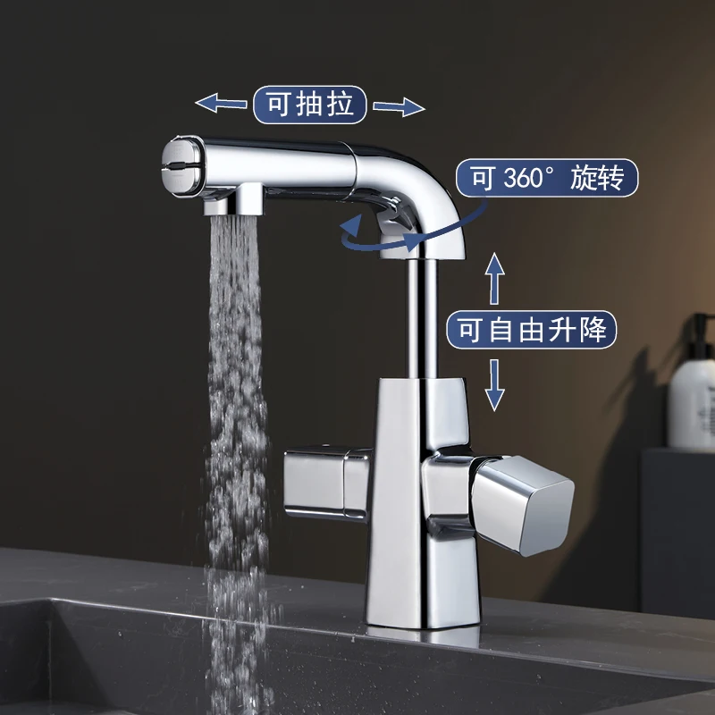 

Deck Mount Bathroom Pull Down Faucet Modern Two Modes Lavatory Basin Sink Faucet Single Handle Hot and Cold Mixer Taps Chrome