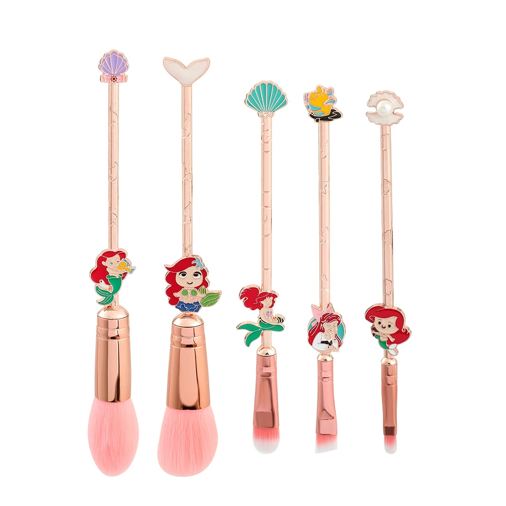 Disney-The Little Mermaid Makeup Brushes with Bag, Ariel Princess, Soft Comfortable, Specialized, 5Pcs