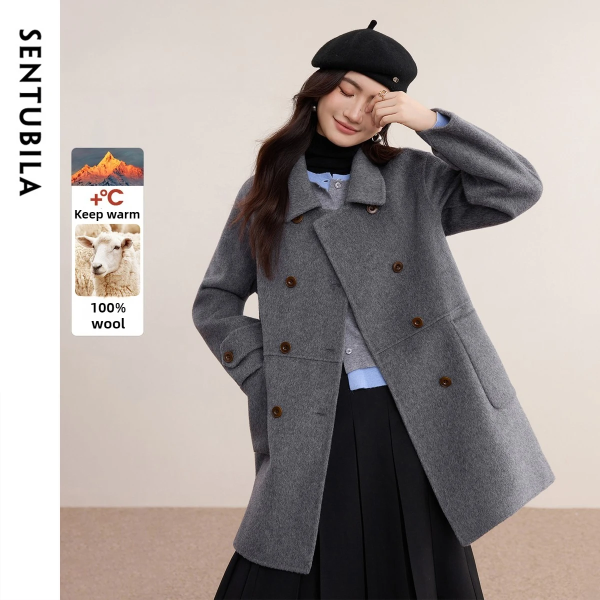เสื้อโค้ทขนสัตว์แท้ 100% สำหรับผู้หญิง ยี่ห้อ SENTUBILA รุ่น W54OA2434 คอลเลคชั่นฤดูหนาว 2025 ดีไซน์ตัดต่อสี กระดุมสองแถว ทรงหลวม สไตล์ลำลอง