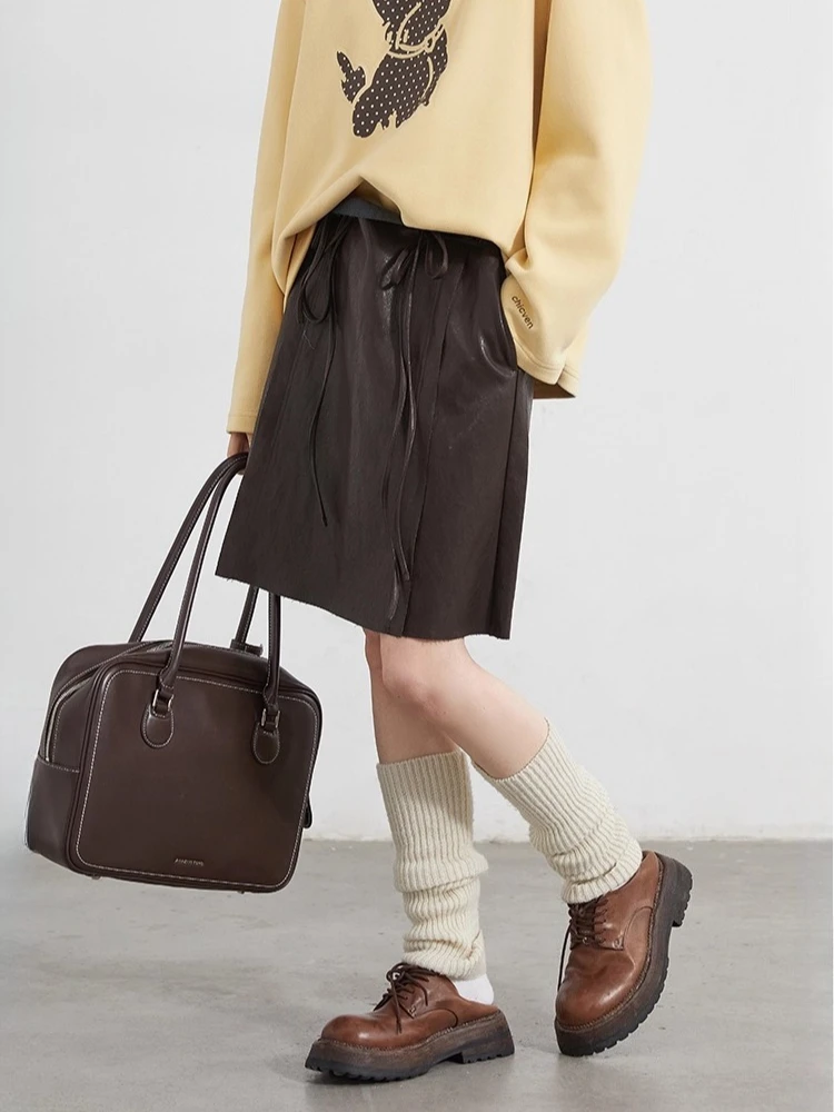 CHIC VEN Vrouwen Rokken Solid Loose Casual Nieuwe Trekkoord Hoge Taille A-lijn Kantoor Dames PU Korte Mini Rok Herfst Winter 2025