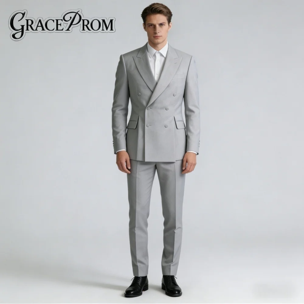 

Dapper Light Gray Peak Lapel For Men Wedding Formal Double Breasted 2PCS Suit Groom Suit Set Jacket Pants Wedding Customized